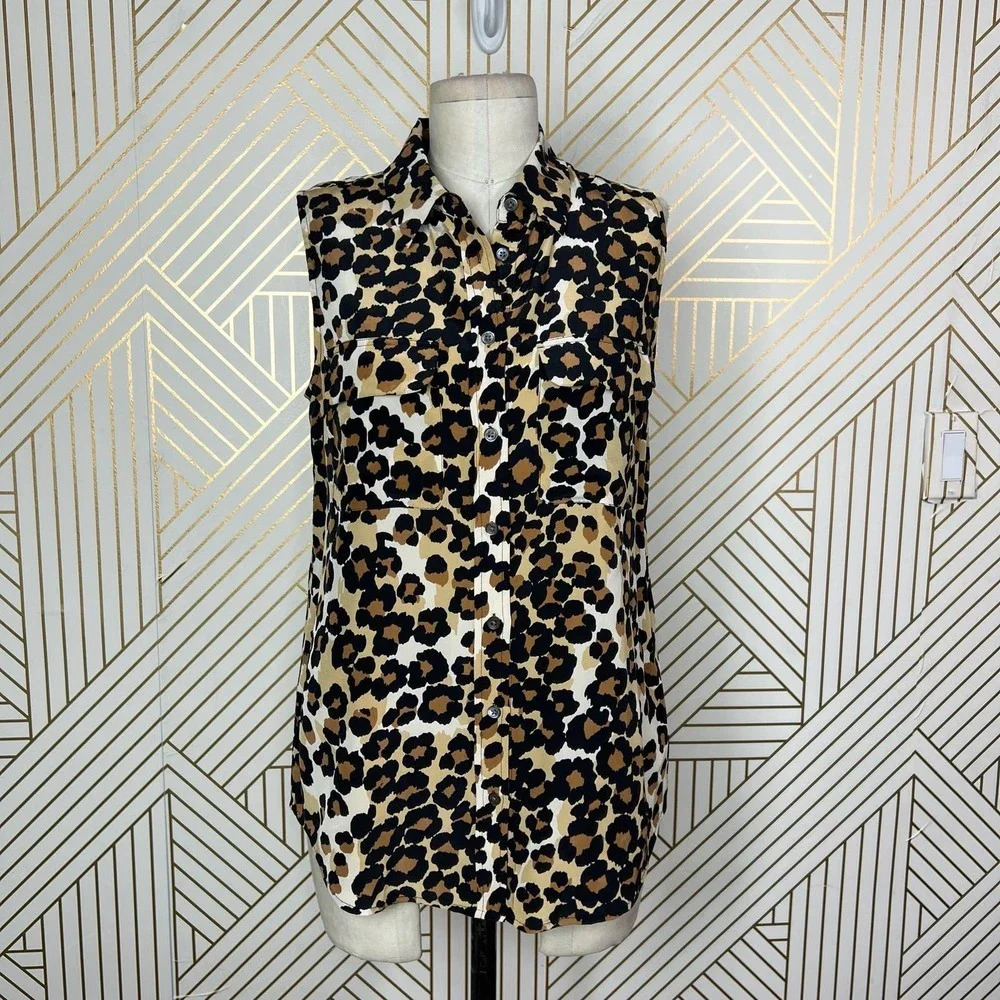 Equipment Sleeveless Slim Signature Leopard Print Blouse Tan Black‎ Size Small
